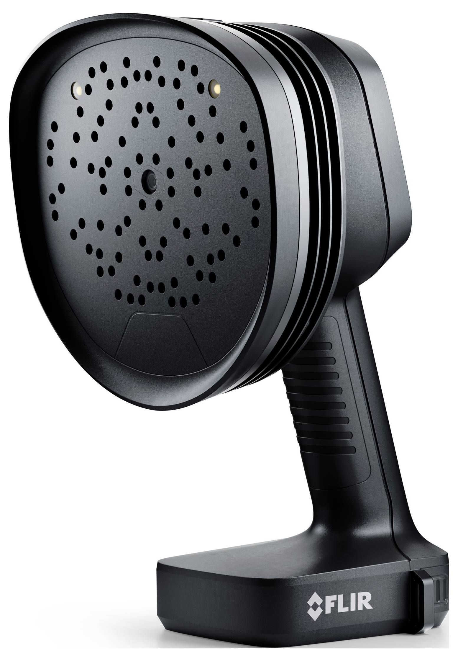 A black FLIR detector device with a handle and perforated front, commonly used for thermal imaging or sensor applications.