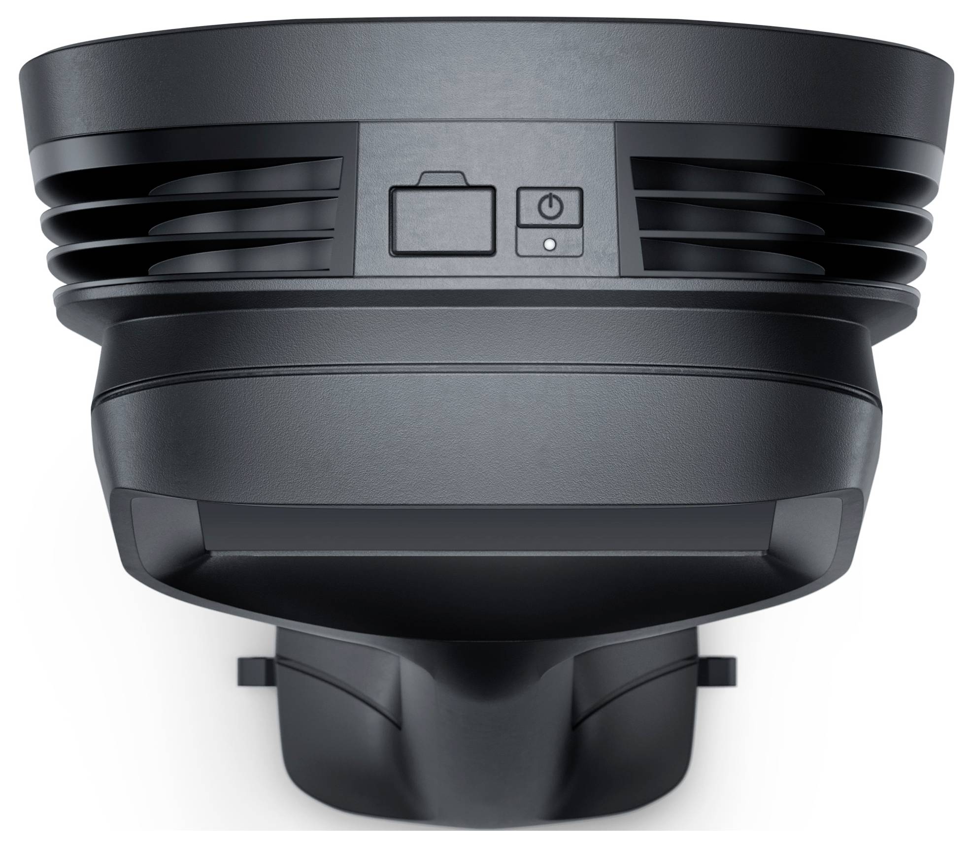 Black and grey surveillance camera with a round housing, two ventilation slots, and a control panel featuring a camera symbol and power on/off switch.