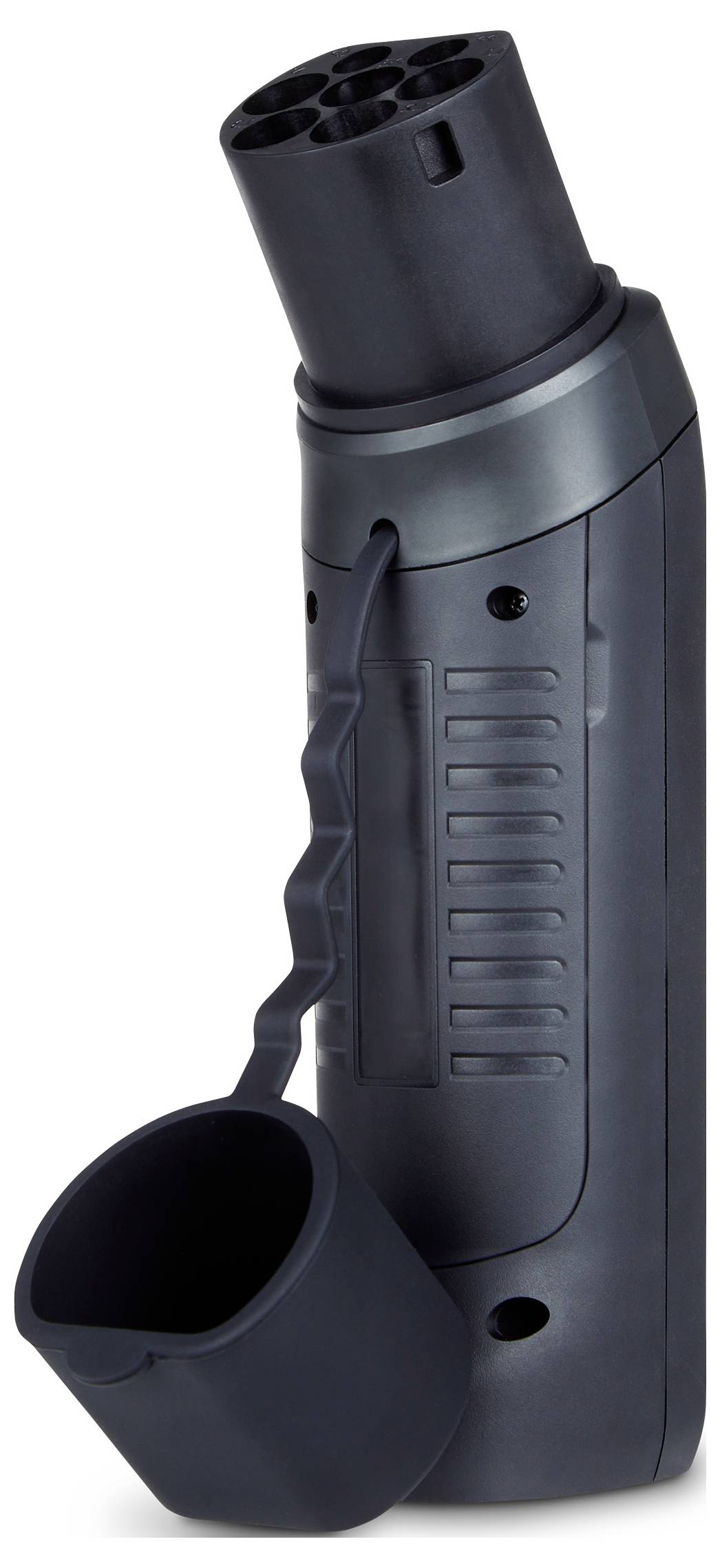 Black, cylindrical charging connector with a removable protective cover, suitable for electric vehicles.