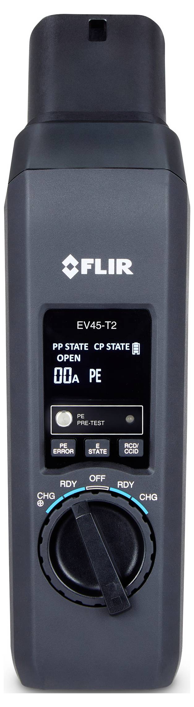 A FLIR charger with a display showing charging state and status. It features a rotary control knob and multiple status indicator lights.