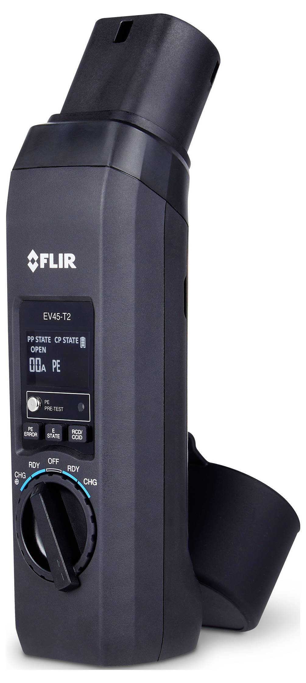 Thermal imaging device with screen and side handle. Device displays mode settings and brand label 'FLIR'.