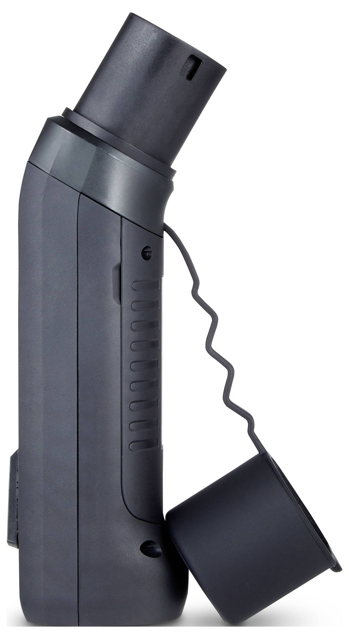 A black electric shaver with an open cutting head and removable protective cover. Side view, modern design.