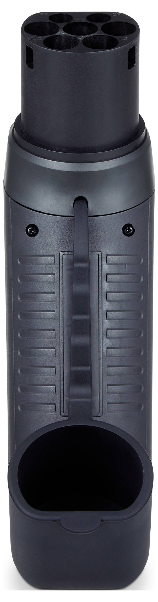 A cylindrical, dark grey vacuum cleaner attachment with multiple inlets on top, a handle, and a curved air inlet at the bottom.