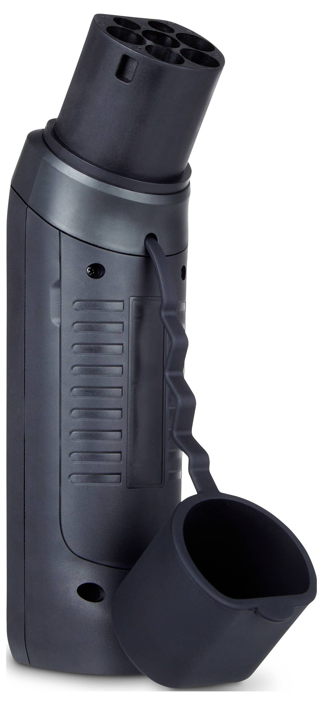 Black, cylindrical electric vehicle charging adapter with a protective cap attached to a flexible lanyard.