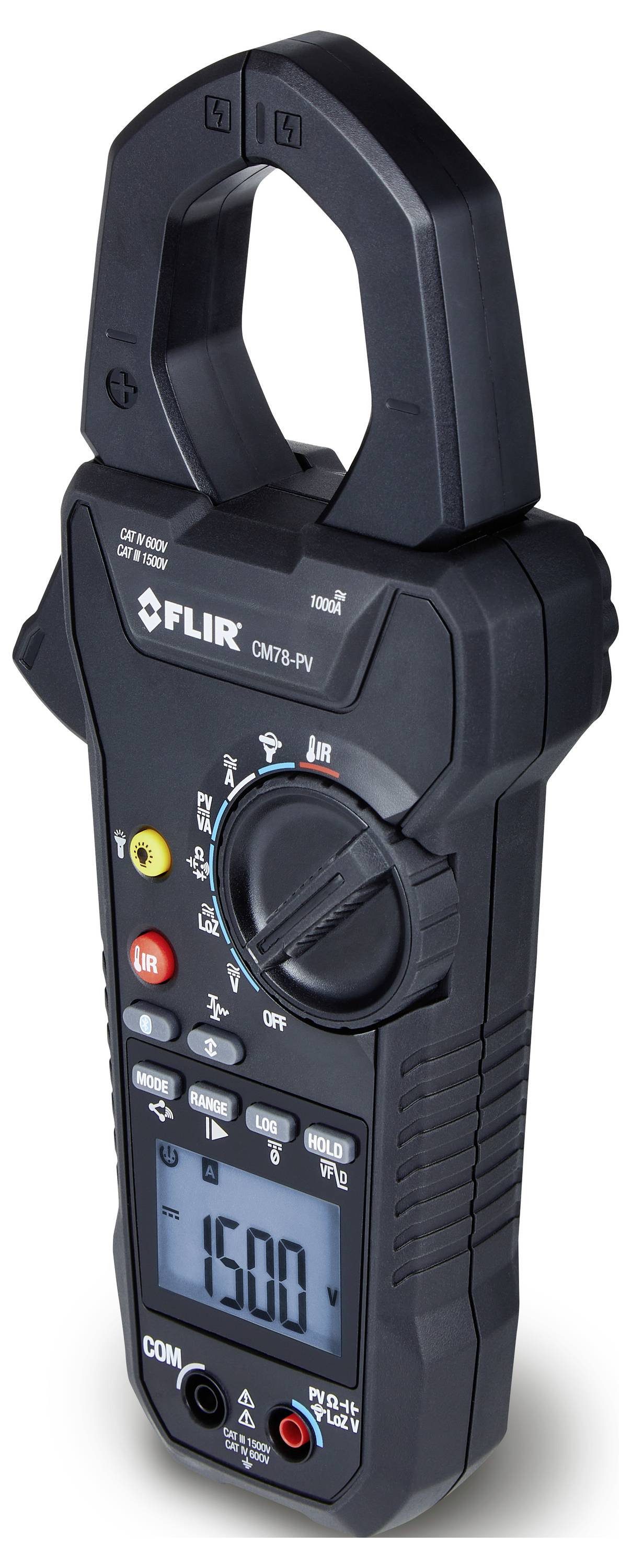 A digital clamp meter from FLIR, model CM78, displays the value '1500' on the screen.