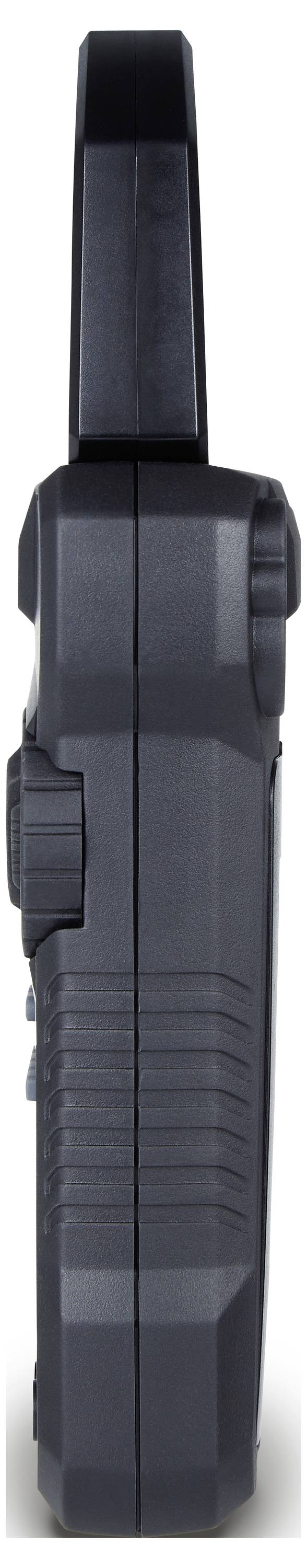 Side view of a black, portable two-way radio with antenna, side buttons, and textured casing.