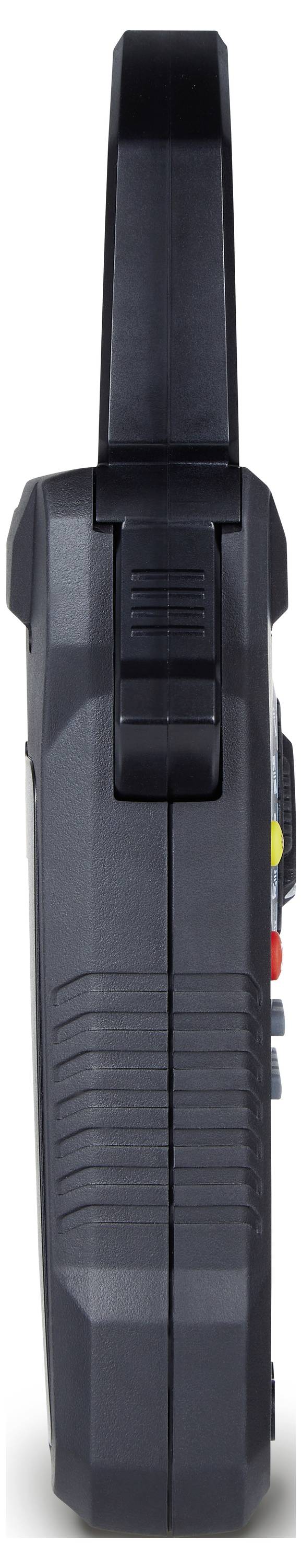 A black, digital handheld measuring device with visible buttons on the side. Device is shown from the side, without a visible display screen.