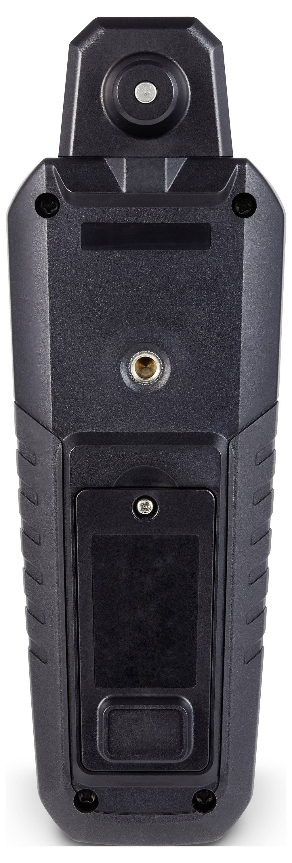 Black, portable electronic device with a circular sensor on top and multiple screws, suitable for security applications.