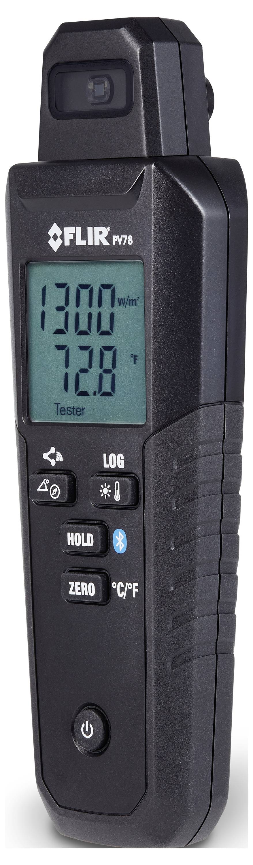 Portable measuring device, displays '1300' ppm and '72.8' °F on the screen. Buttons for logbook, Bluetooth, and temperature units are visible.