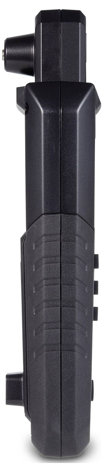 Black, rectangular electronic device with side buttons and ports. Indication of a compact, portable design.