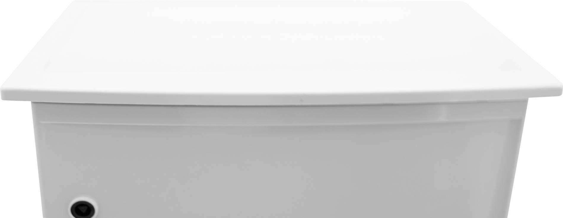Large white plastic storage box with lid, suitable for storing items. The box is rectangular and has a black handle.