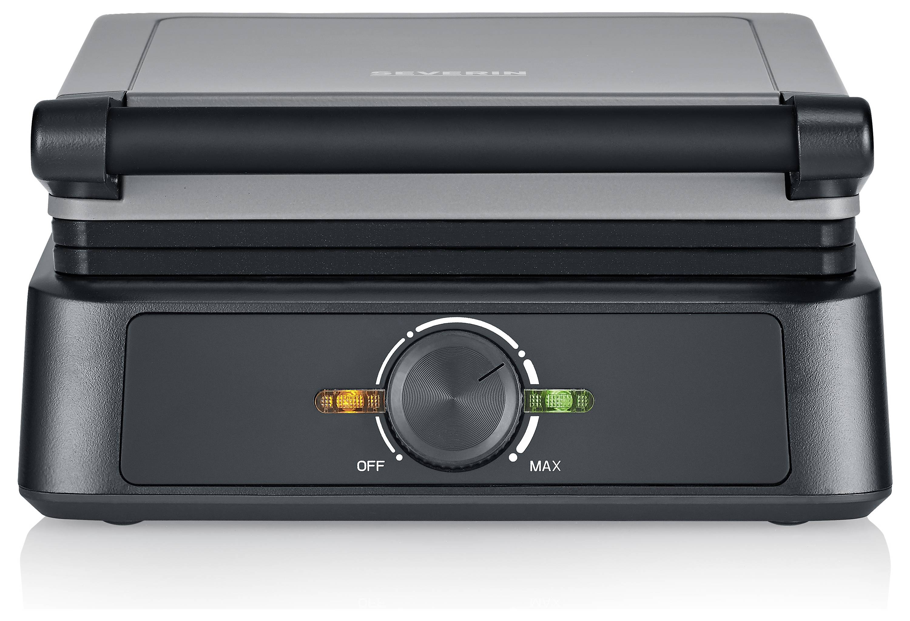 Closed contact grill with temperature control and indicator lights.