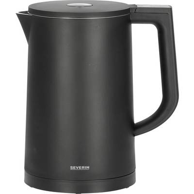 Black electric kettle with a simple, cylindrical shape and large handle.