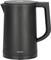 Black electric kettle with a simple, cylindrical shape and large handle.