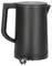 A black kettle with a removable lid and handle. The plug is attached to the base of the kettle.