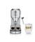 Espresso machine with two filled espresso cups, alongside a glass of latte macchiato. Silver design, compact and modern.
