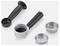 Two black plastic handles with portafilters and coffee spoons, along with two metal sieves on a white background. Essential for espresso machines.