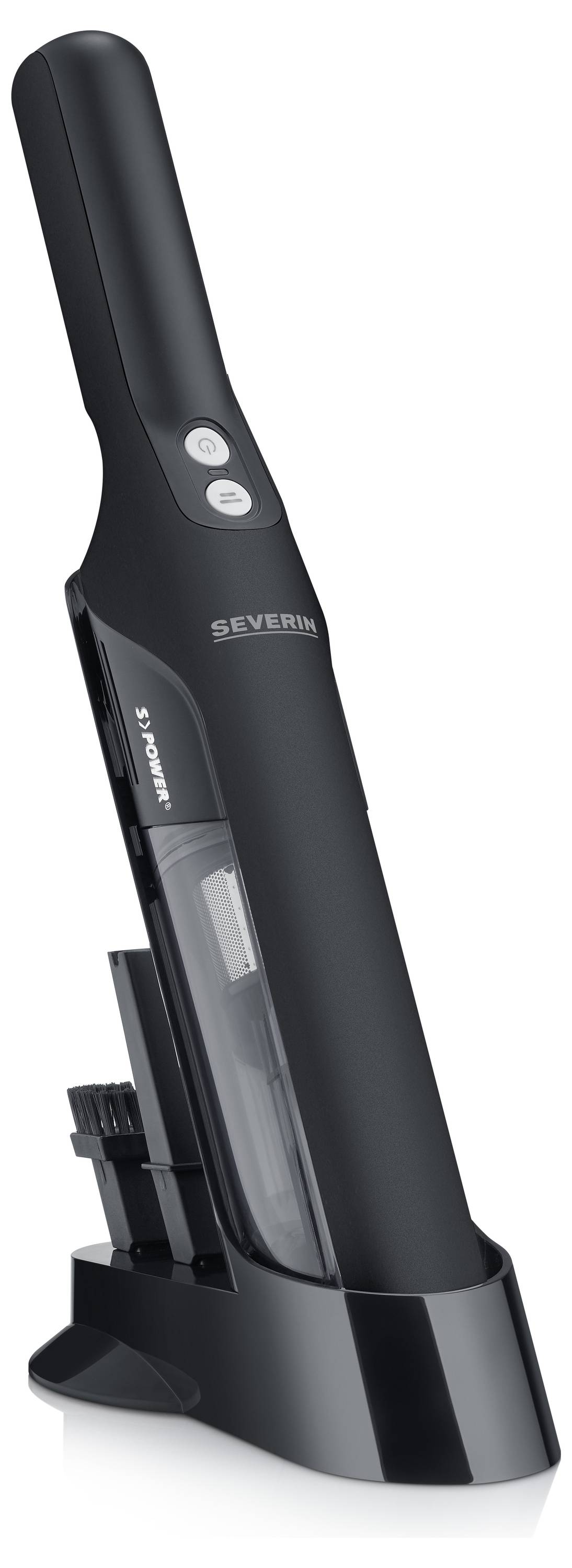 Black handheld vacuum cleaner by Severin on charging station, with two control buttons and transparent dust container.