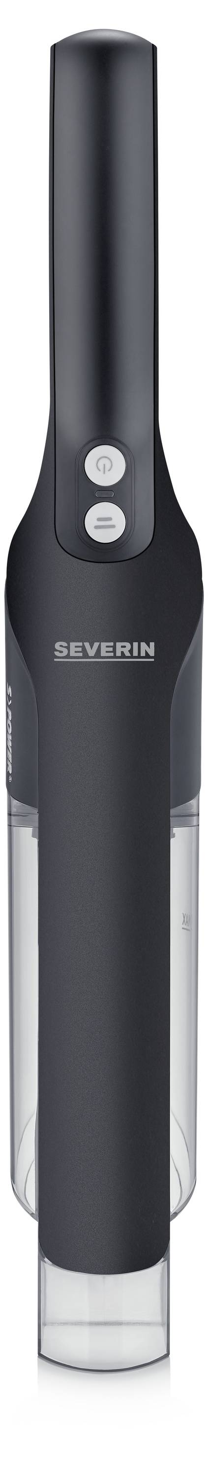 Black portable vacuum cleaner by Severin with two control buttons on the front. It has a sleek, modern design.