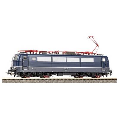 A detailed model of a modern electric locomotive with a dark blue body, red pantographs, and detailed exterior features, shown on tracks.