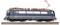 A detailed model of a modern electric locomotive with a dark blue body, red pantographs, and detailed exterior features, shown on tracks.