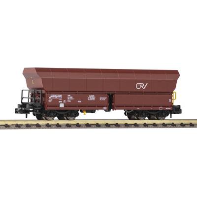 A brown goods wagon on rails, with the 'GRV' logo and technical details on the side. The wagon has four axles.