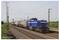 A blue freight train is transporting several tanker wagons along a double-track railway line, surrounded by green countryside and electricity pylons.