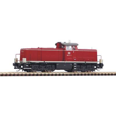 A red diesel locomotive of Deutsche Bahn on railway tracks, side view. Locomotive number and logo are visible.