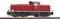 A red diesel locomotive of Deutsche Bahn on railway tracks, side view. Locomotive number and logo are visible.