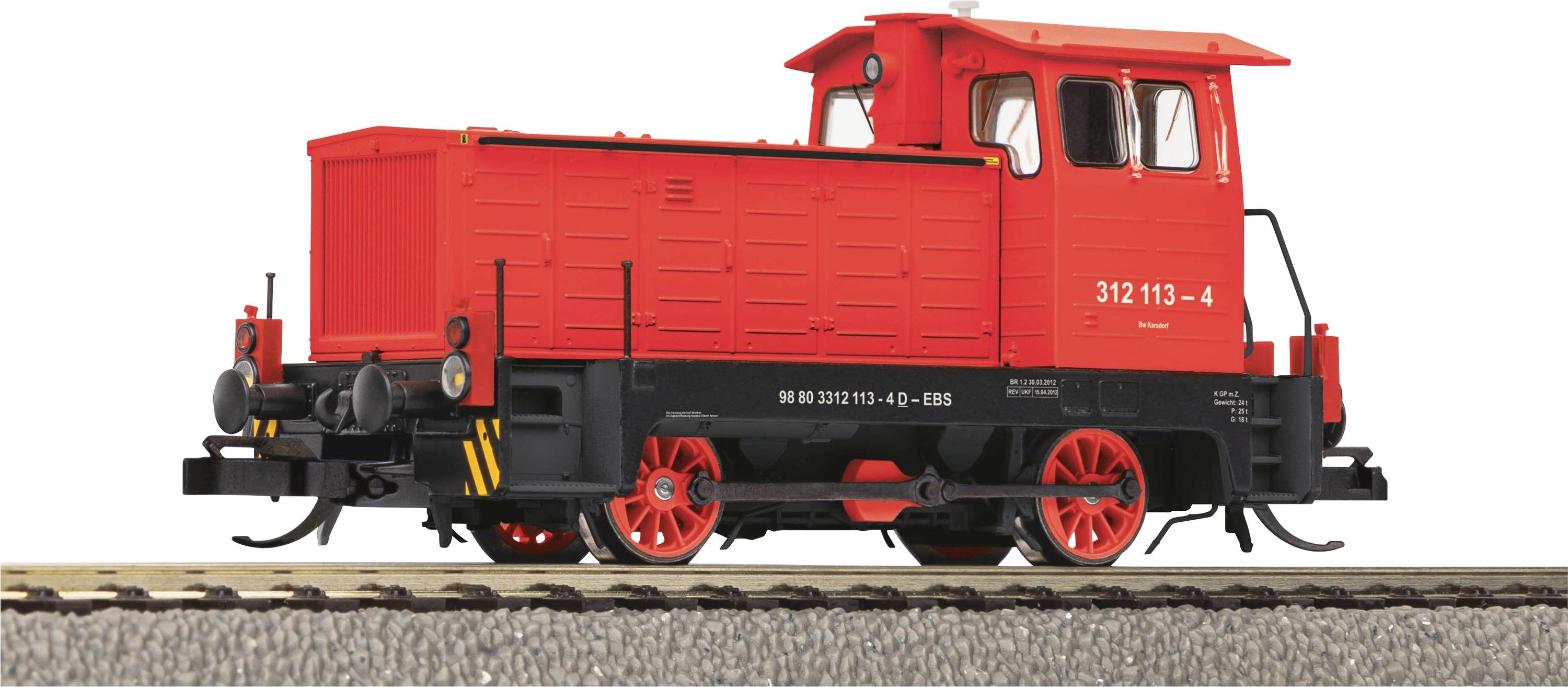 Red model of a small diesel locomotive on a section of track, richly detailed with labels and black accents.