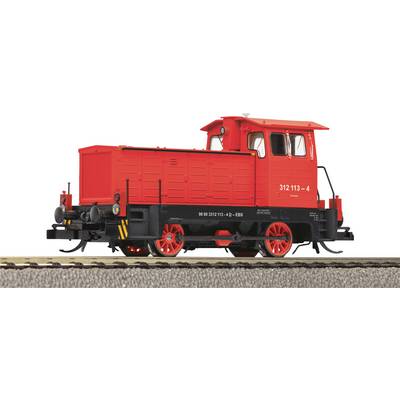Red model of a small diesel locomotive on a section of track, richly detailed with labels and black accents.