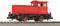 Red model of a small diesel locomotive on a section of track, richly detailed with labels and black accents.