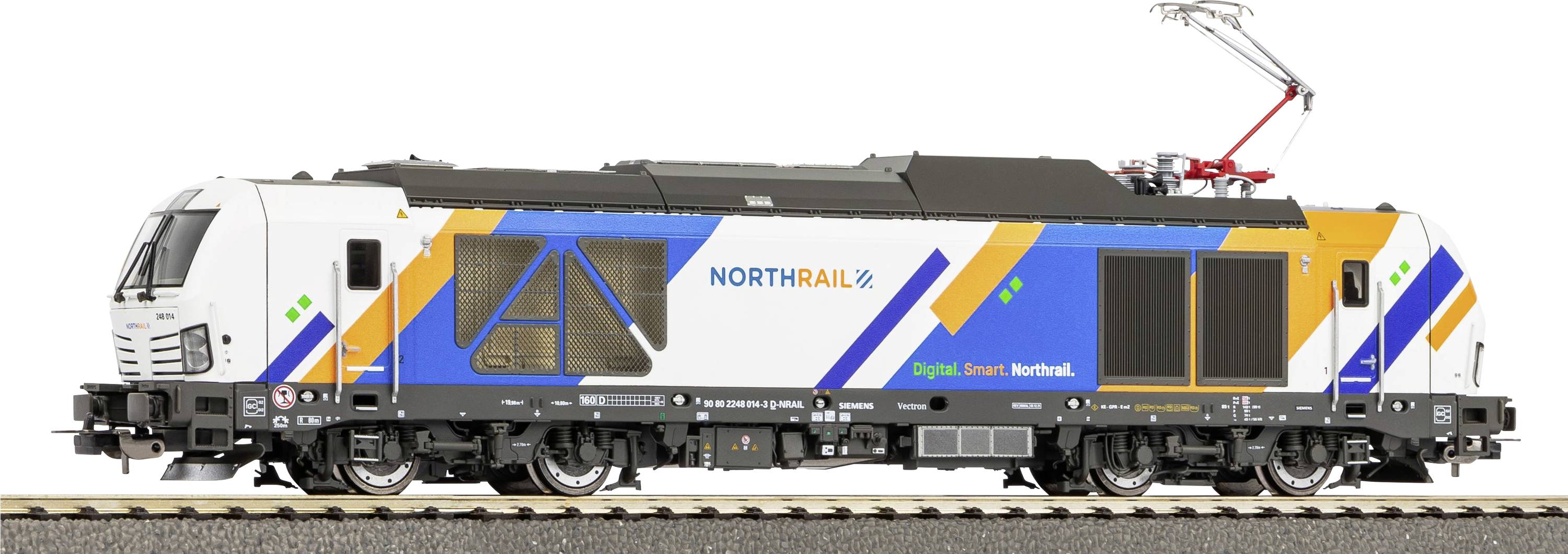 'Locomotive on track with modern, colourful design and the text "Northrail".'