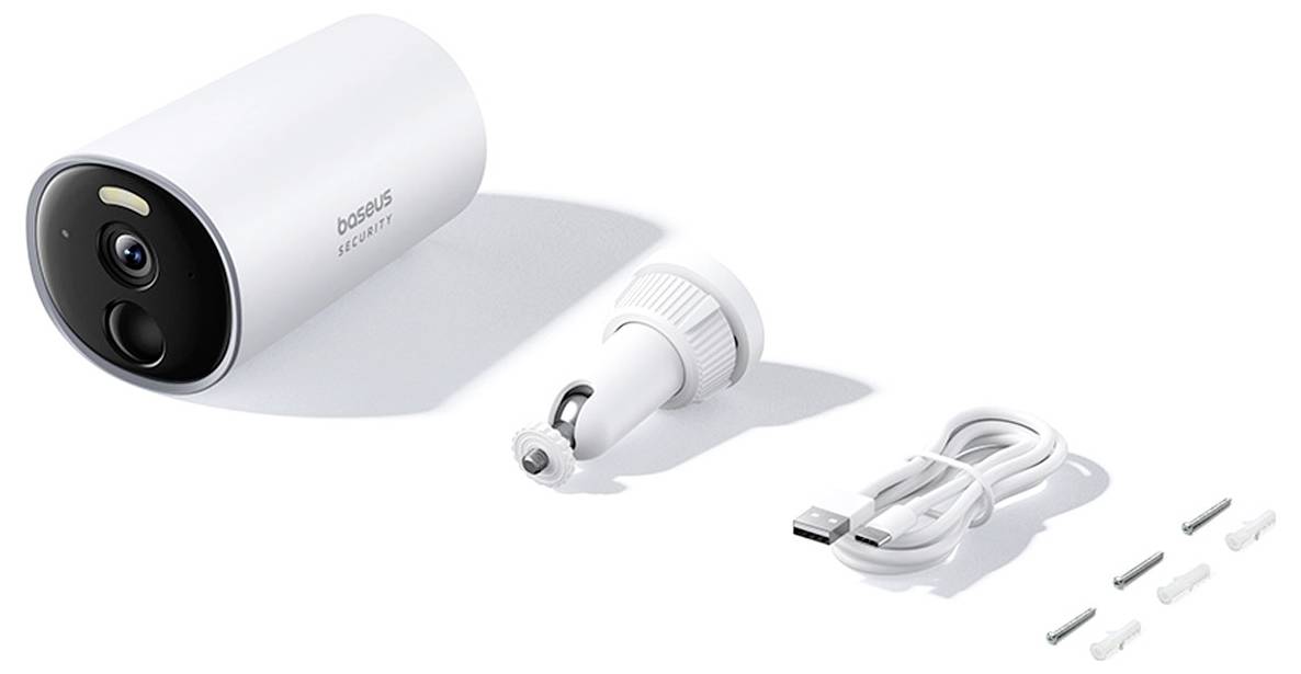 A white surveillance camera with accessories: magnetic base, USB cable, and wall plugs. Ideal for security monitoring indoors and outdoors.