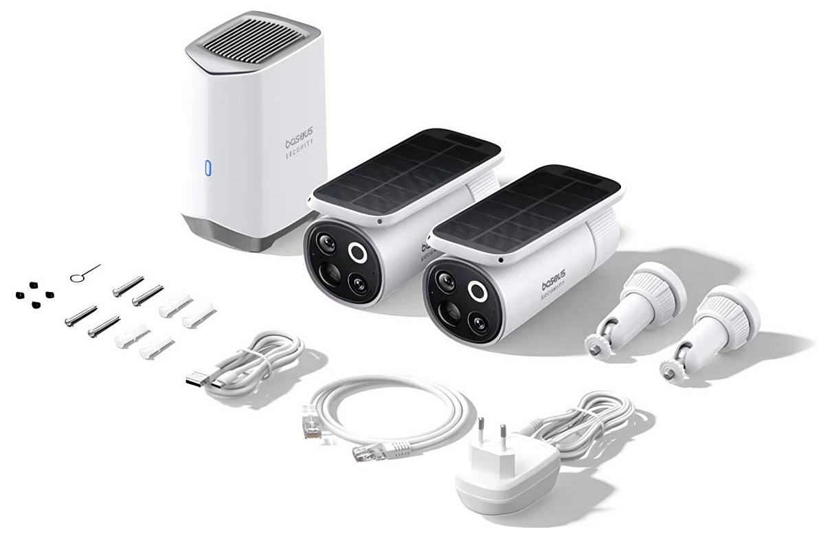 Security camera set with two cameras, base station, solar panels, cables, and accessories on a white background.