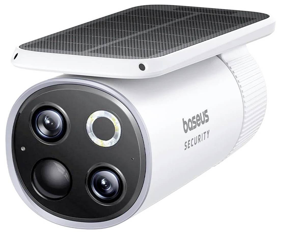 A white surveillance camera with a solar panel on the top surface. Three lenses and a lamp are located on the front side.
