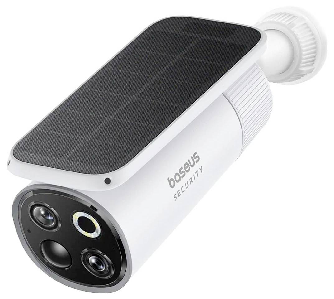White security camera with solar panel, three lenses and brand lettering on the side.