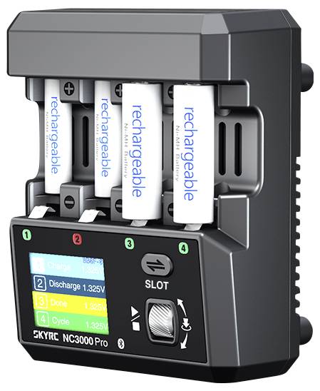 A battery charger with four rechargeable batteries inserted. The LED display shows status: 'Charge 1.325V' and other modes like 'Discharge' and 'Cycle'.