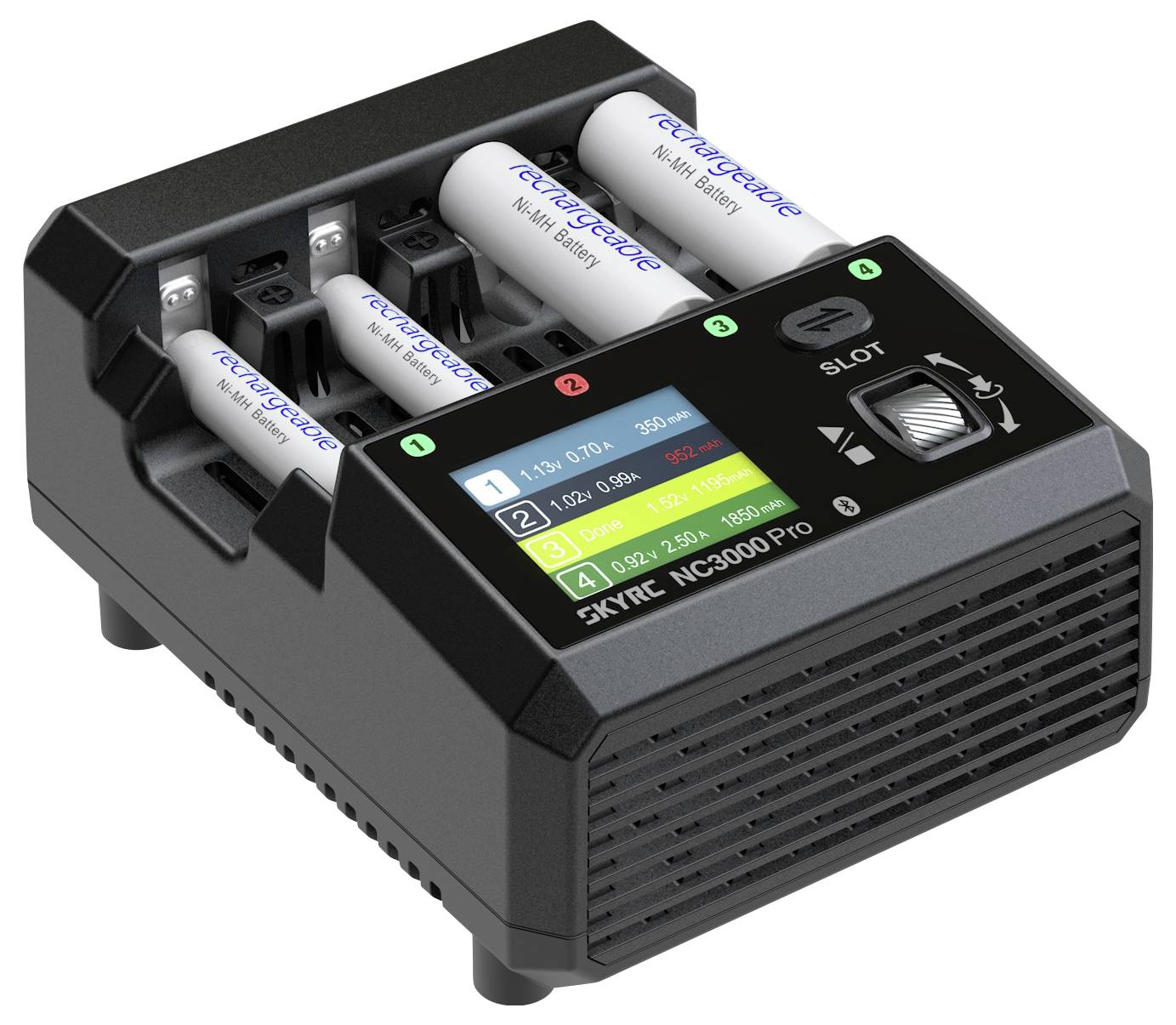 Battery charger with an LCD screen displaying the charge status of inserted batteries. The charger can accommodate four AA batteries.