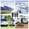 'Solar panels and wind turbine in a field; fish farming with solar aerators; electric vehicles charging; RV with solar panel setup.'