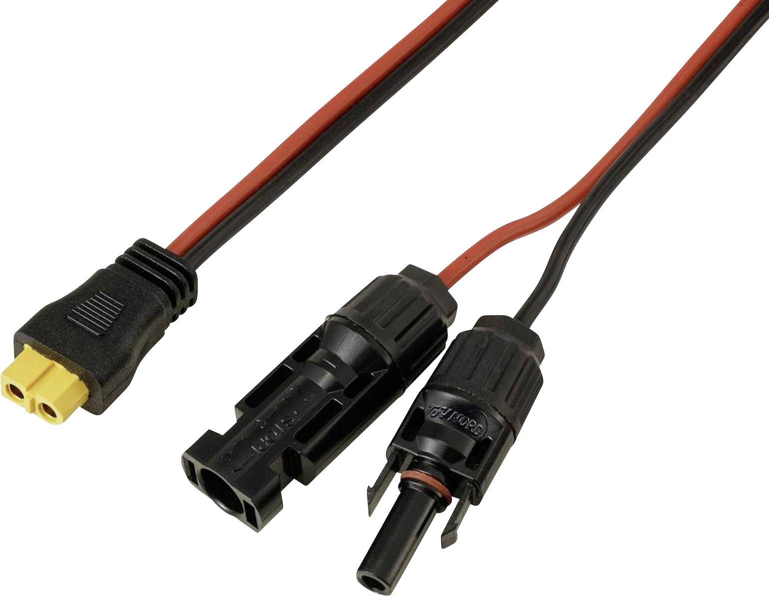'XT60 to MC4 connectors cable', featuring a black XT60 plug with yellow inner casing on one end, connected to MC4 connectors on the other.