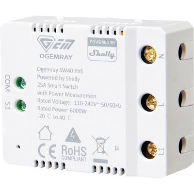 Smart switch, 25A, 110-240V, brands 'Ogemray' and 'Shelly' visible. Supports dimension function, operates at -20°C to 40°C.