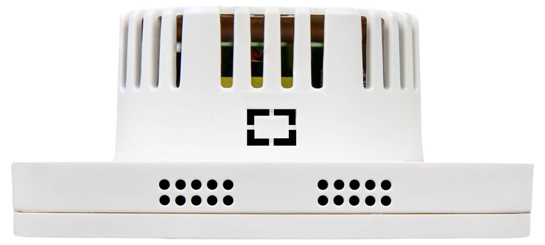 A white smoke detector with a rectangular logo in the centre. It has grid openings for air circulation and sensors.