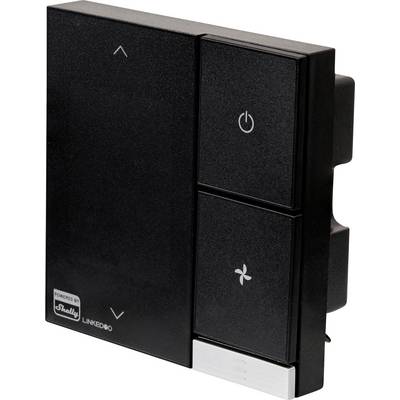 Black light switch with three buttons: top with arrows, middle with power symbol, bottom with fan symbol. Powered by Shelly.