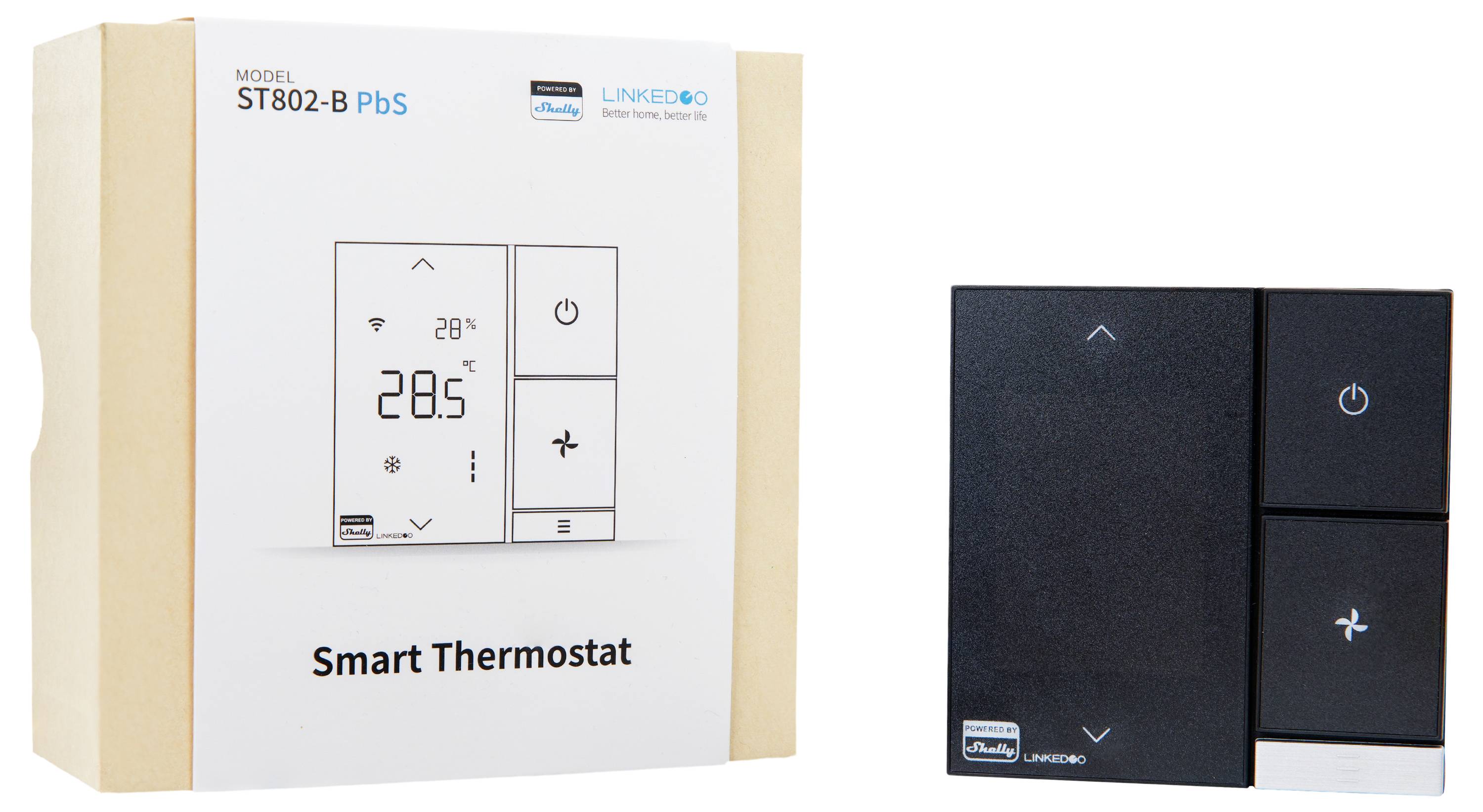'Smart Thermostat' packaging and device side by side. Display shows 28.5 degrees Celsius. Model ST802-B, with Wi-Fi and Bluetooth.