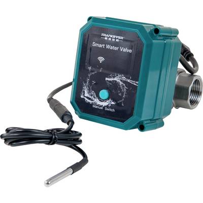 'Smart Water Valve' in a turquoise housing with a button and cable, showing water and wireless symbols.