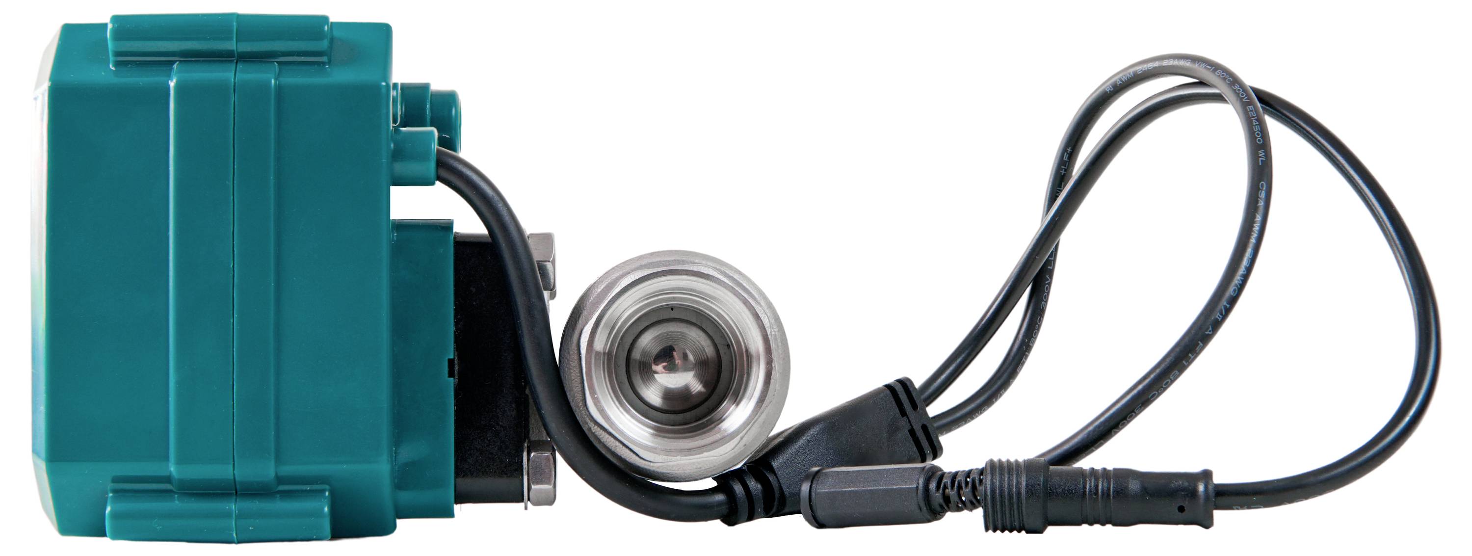 A green, rectangular electronic device with cables and a silver round component on the side, presumably a valve.<br><br>Note: As this was already in English, I did not modify the text. The translation appears to be correct British English.