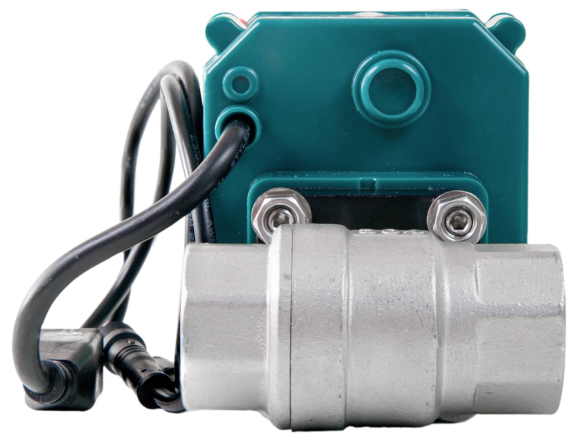 An electromagnetic valve with a silver housing and green cover. Cables are visible for connection.