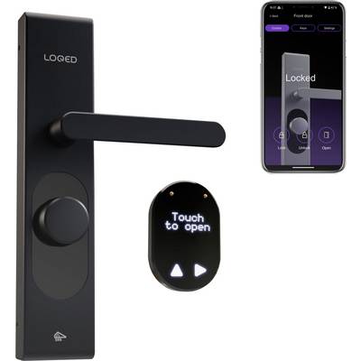 A black smart lock with a digital display shows 'Touch to open'. Next to it is a smartphone with an open lock control app.