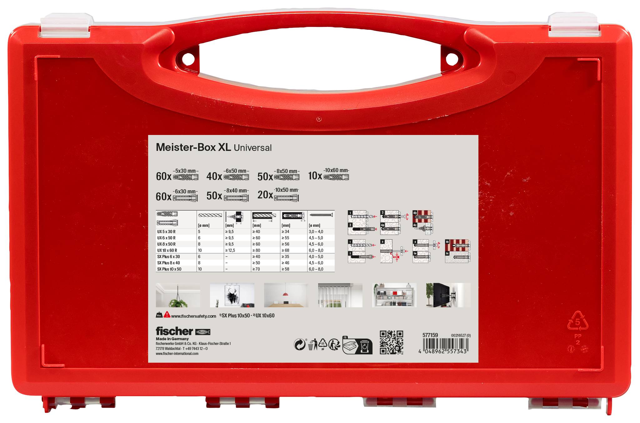 Red plastic Fischer Meister-Box XL Universal organizer case with a carry handle and a label showing compartment sizes and contents guide.